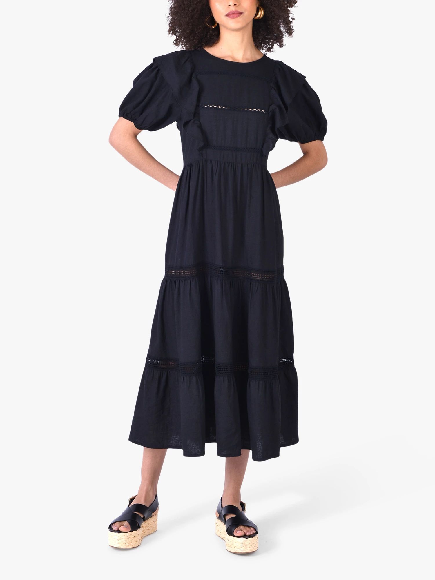 Ro&Zo Frill Linen Blend Midi Dress, Black | John Lewis (UK)