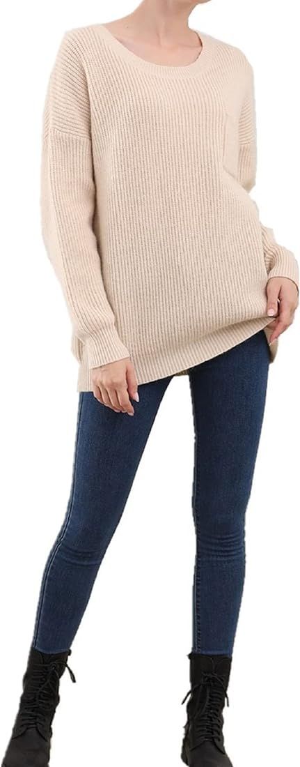 Alinfu Women's Casual Unbalanced Crew Neck Knit Sweater Loose Pullover Cardigan | Amazon (US)