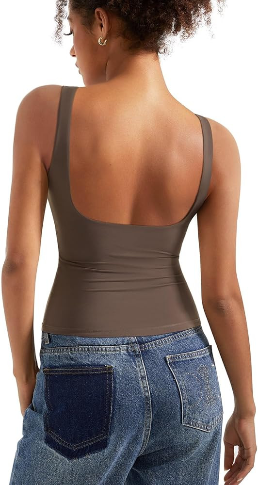 SUUKSESS Women Padded Open Back Boat Neck Tank Tops Double Lined Basic Shirts | Amazon (US)