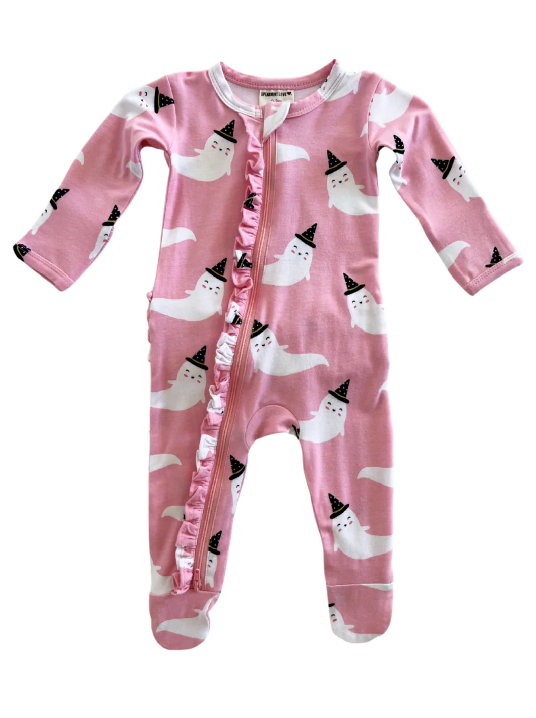 2-Way Ruffle Zip Footie, Pink Ghost | SpearmintLOVE