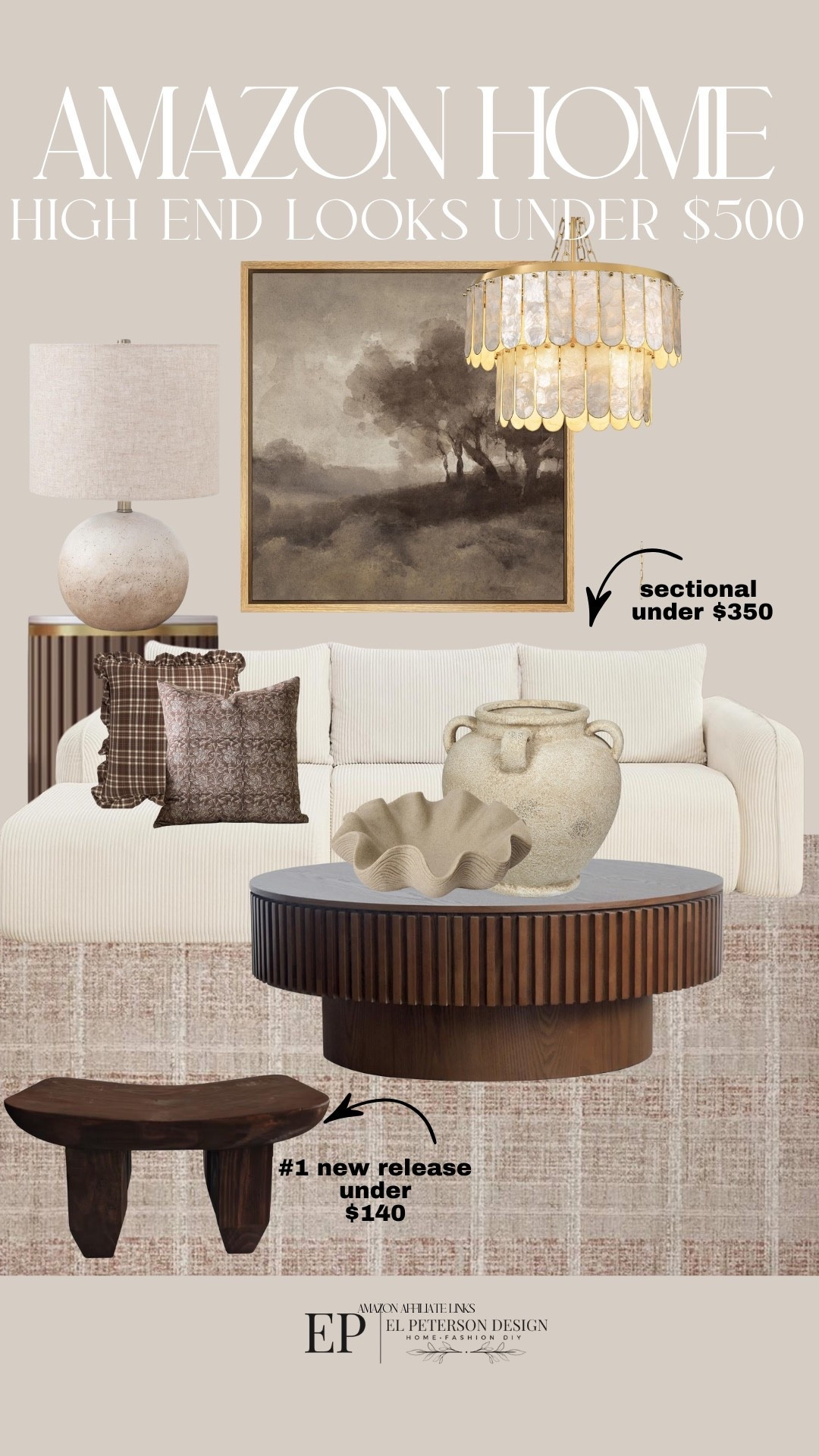 Amazon 
Artwork 
Rug
Stool
Sectional 
Coffee table 
Vase
Bowl
Pillows
End table 
Table lamp

#LTKHome