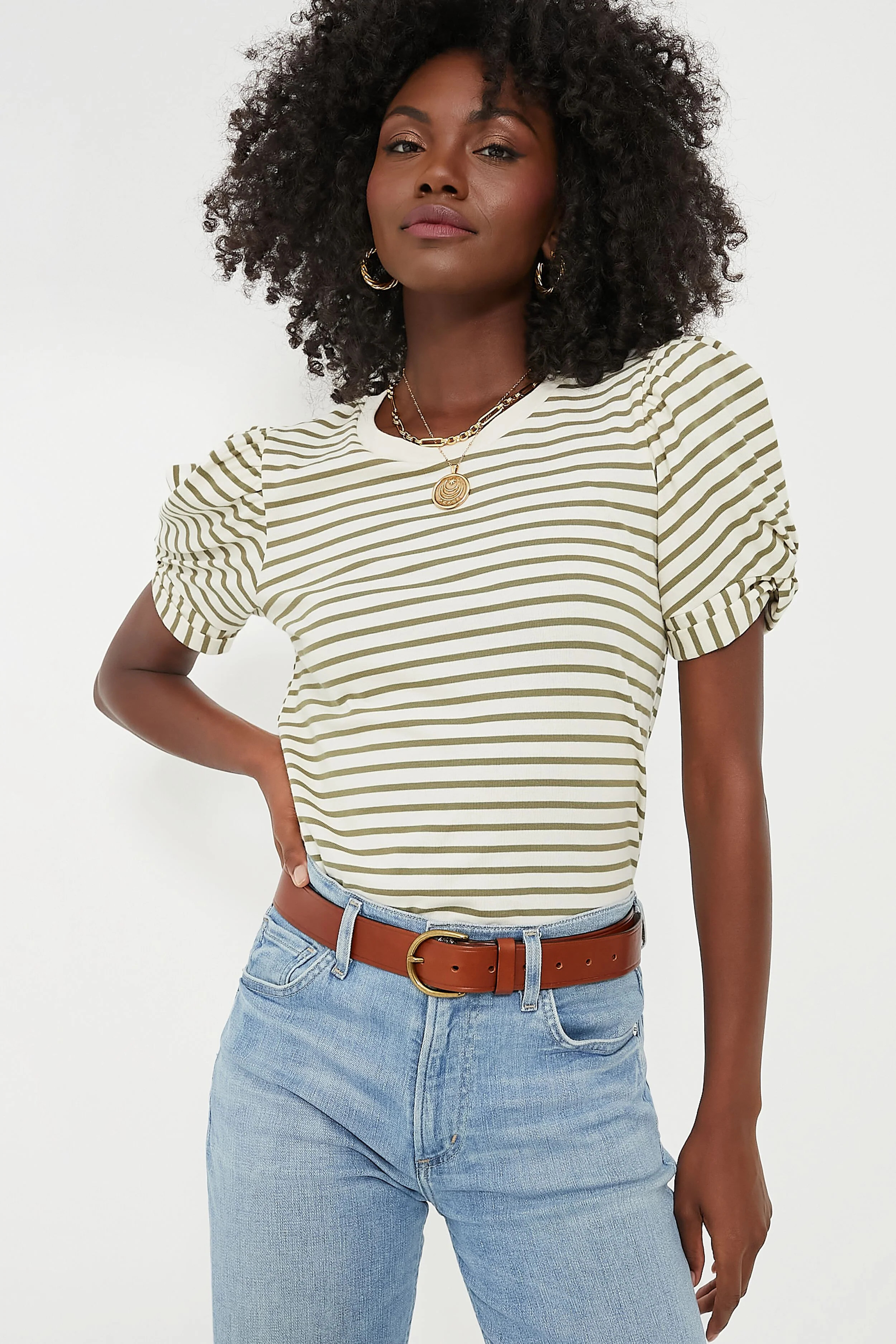Olive Striped Vesty Puff Short Sleeve Crewneck | Tuckernuck (US)