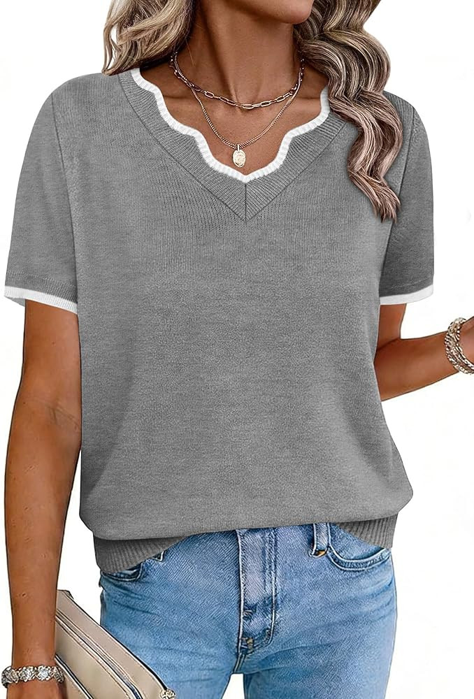 OFEEFAN Short Sleeve Sweater for Women V Neck Lightweight Sweaters Fashion Clothing Business Casu... | Amazon (US)