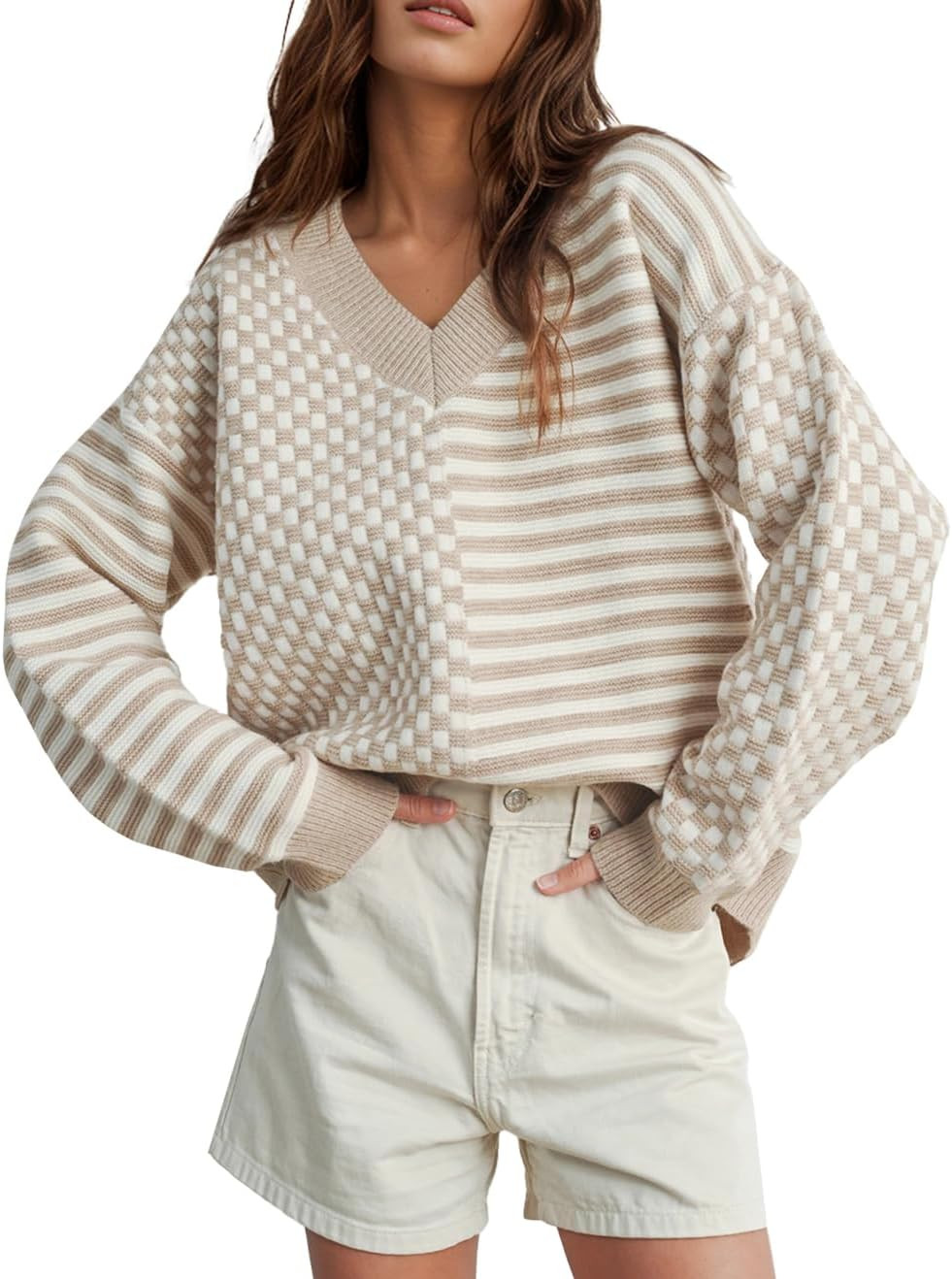 Womens Striped Checkered Sweater V Neck Fall Trendy Pullover Tops | Amazon (US)