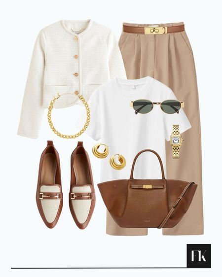 Neutral light outfit for Spring, white, cream, beige and tan outfit, tan accessories, tweed collarless jacket, tailored trousers, white tee

#LTKstyletip #LTKitbag #LTKSeasonal
