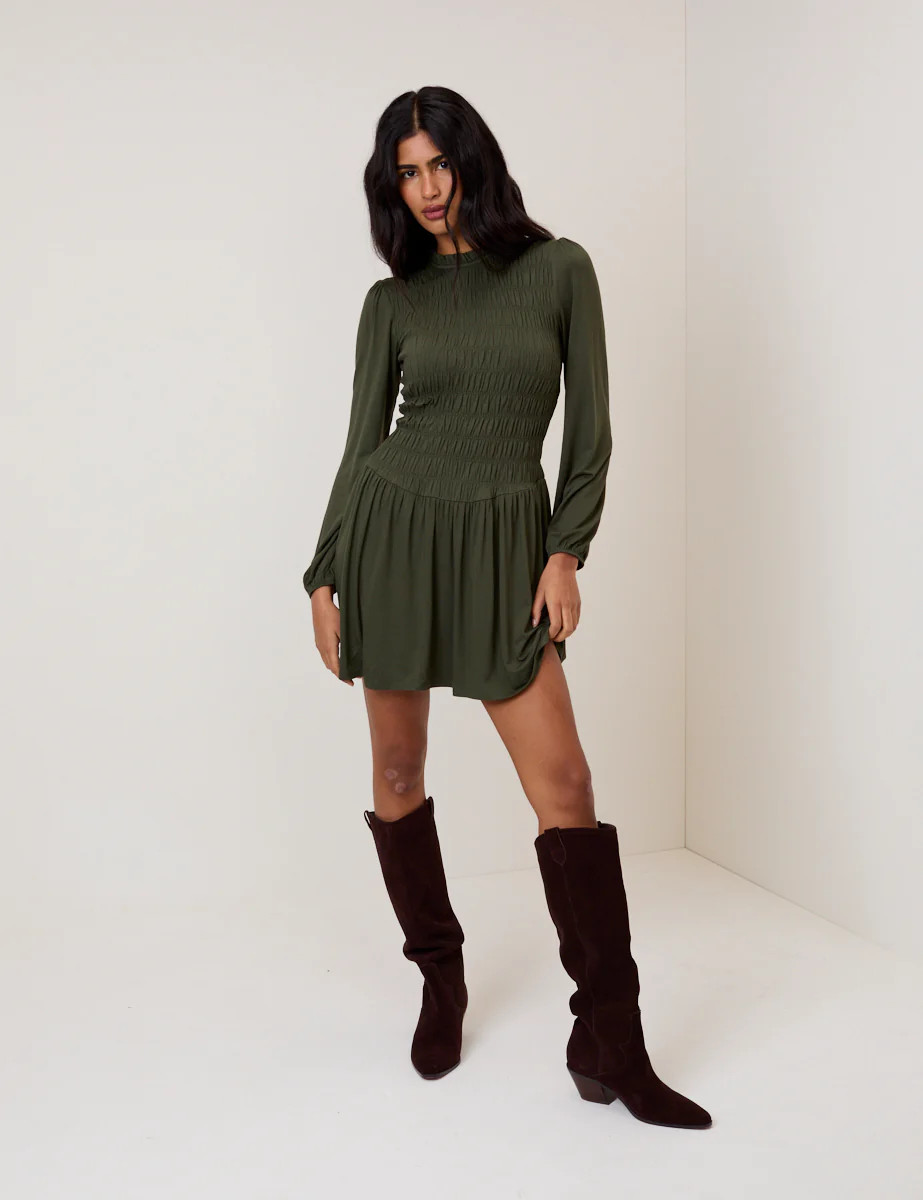 Khaki Green Ruched Siobhan Jersey Mini Dress | Nobody's Child