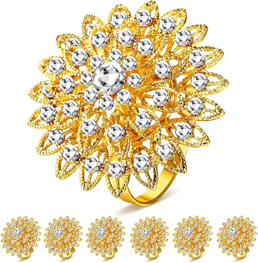 Geiserailie 6 Pcs Gold Flower Napkin Rings Alloy Floral Crystal Rhinestone Bling Holiday Shiny Na... | Amazon (US)