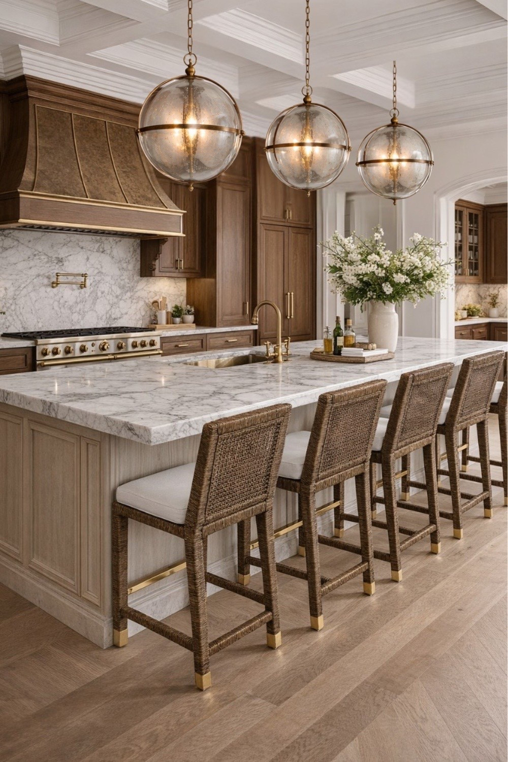 Luxury organic modern kitchen design 🤍✨
Dark woven rattan counter stools + natural wood tones + neutral color scheme + white marble island + gold mercury glass kitchen island pendants = the perfect high-end, designer look. Loving these mercury glass globe pendants for that soft, elevated glow. 

#kitchendesign #luxurykitchen #organicmodern #neutralhome #interiordesign #homedecor #kitcheninspo #marbleisland #counterstools 

#LTKHome #LTKSaleAlert