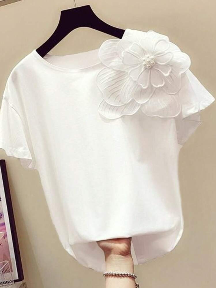 SHEIN Unity Floral Appliques Short Sleeves Tee For Summer Graphic Tees Women Tops | SHEIN
