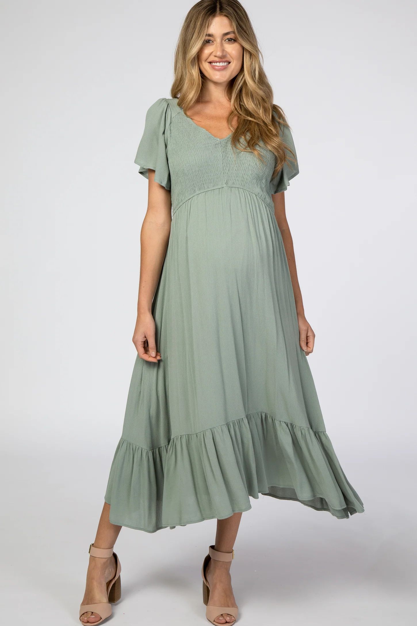 Light Olive Smocked V-Neck Maternity Midi Dress | PinkBlush Maternity