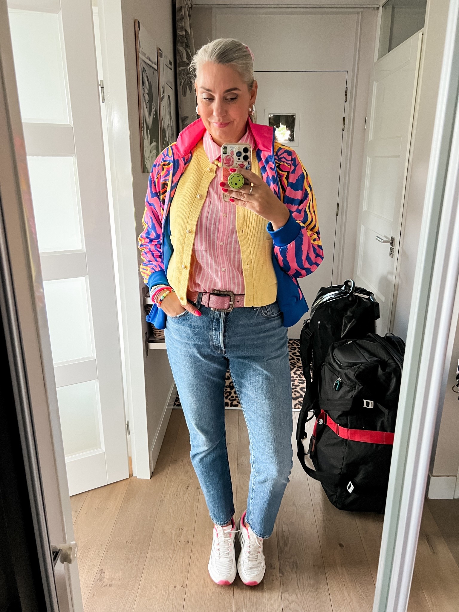 OOTD - Tuesday. Pink striped linen button down shirt (L), yellow sleeveless cardigan (L, Zara), pink leather belt (secondhand), Adidas x Farm Rio jacket, Levi’s 501 jeans (32/32), Skechers sneakers (I sized one down), bead necklaces and silver earrings. 



#LTKstyletip #LTKeurope #LTKnederlands