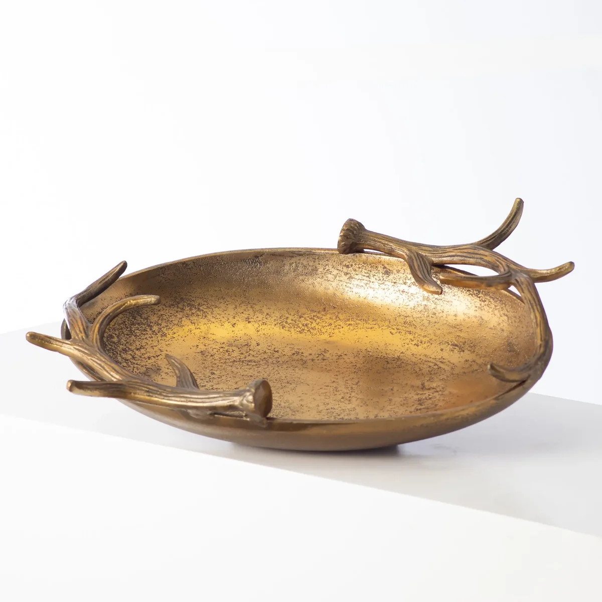 Bronzed Aluminum Eric + Eloise Collection Rustic Oval Frankie Stag Tray Bowl with Antler Handles | Darby Creek Trading