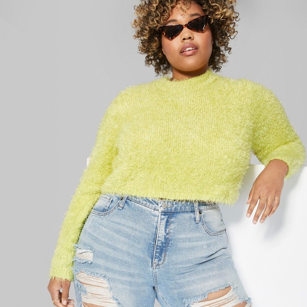 Women's Plus Size Fuzzy Crop Mock Neck Sweater - Wild Fable Citrus Yellow 1X | Target