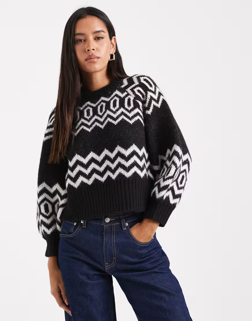 ASOS DESIGN crew neck clean structured fairisle sweater in black | ASOS (Global)