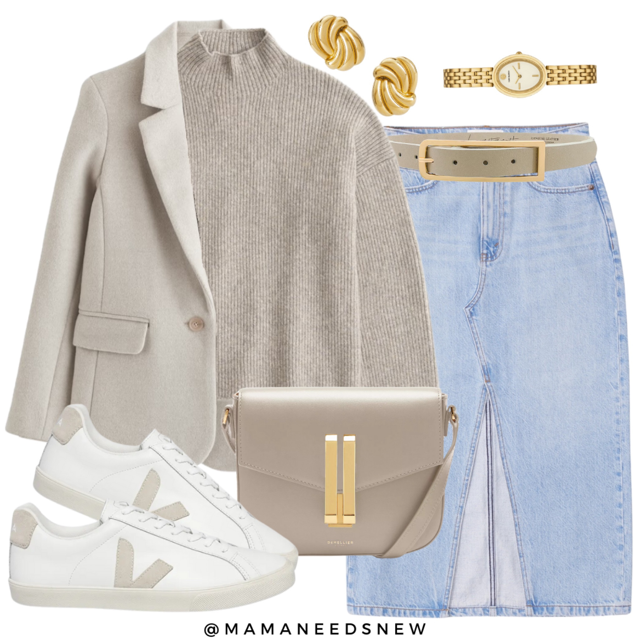 A neutral fall outfit with a denim midi skirt, funnel neck sweater, wool blazer & sneakers 

#LTKSaleAlert #LTKItBag #LTKSeasonal