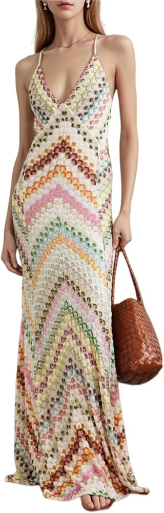 Women Chic Halter Neck Maxi Dress Chevron Print for Summer Parties Beach Weddings Vacation Getawa... | Amazon (US)