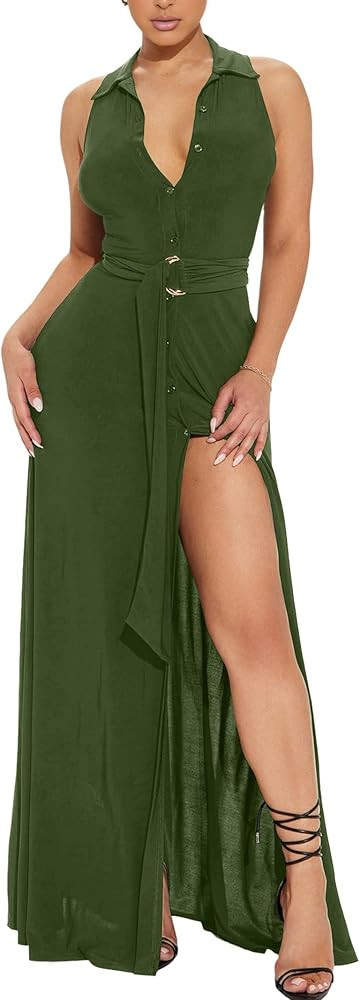 Women's Deep V Neck Long Dresses Sleeveless Collared Button Down High Split Cocktail Wedding Part... | Amazon (US)