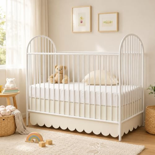 Hahafelt Scalloped Crib Skirt for Baby Girl Nursery, 28"x 52" with 14" Drop, 4-Sided Dust Ruffle, Soft Breathable Fabric, Elegant Nursery Decor, Fits Standard Crib, Beige | Amazon (US)