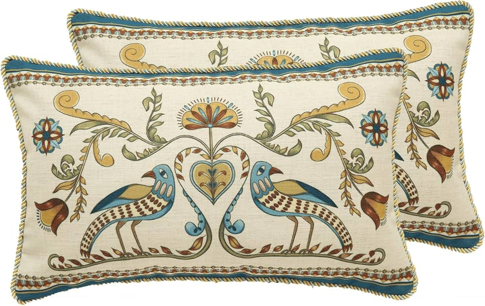 Designer Rectangle Throw Pillow Covers Set of 2,Farmhouse Blue Linen with Birds Floral Pattern Pi... | Amazon (US)