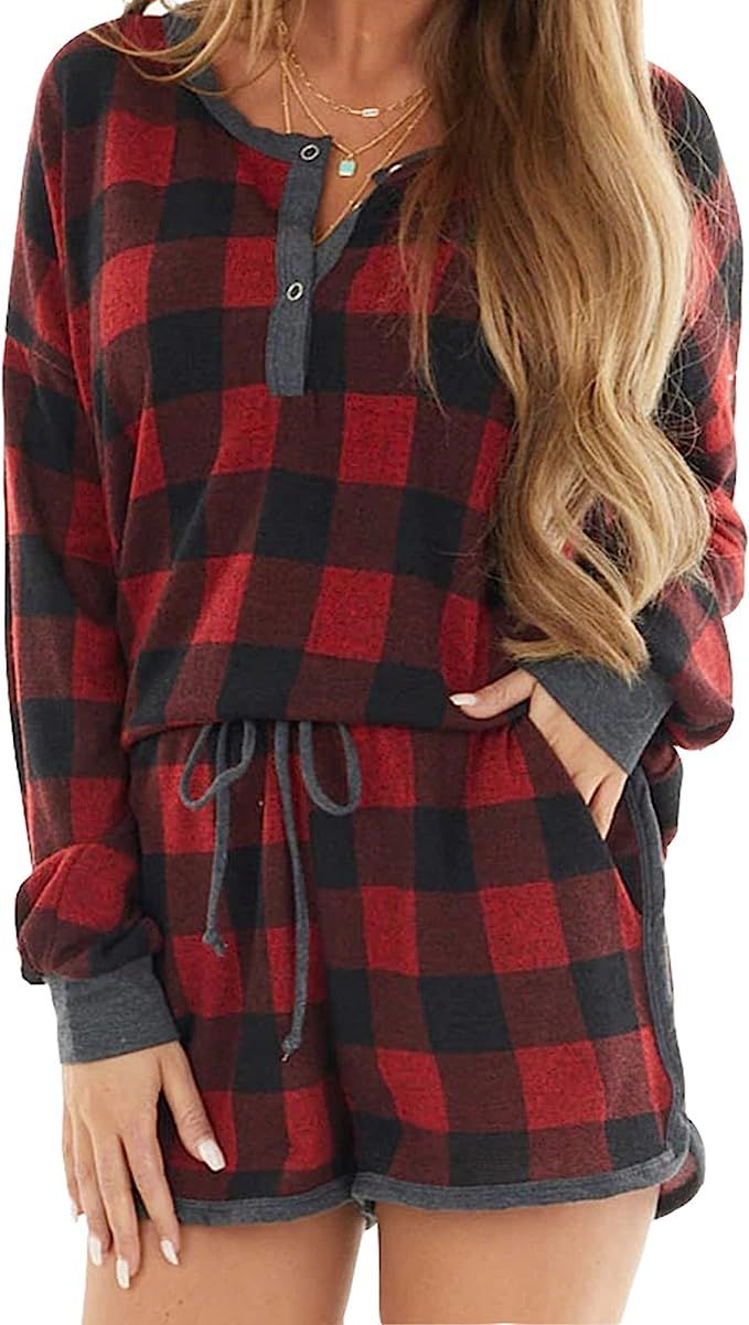 Artfish Women Pajama Shorts Set Soft Plaid Loungewear Comfy Pjs | Amazon (US)