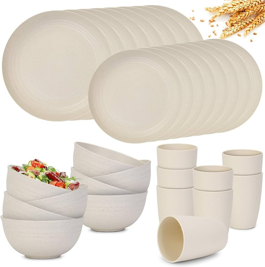 RVXHUA 32-Piece Premium Plastic Dinnerware Sets for 8, Unbreakable Wheat Straw Cups Plates and Bo... | Amazon (US)