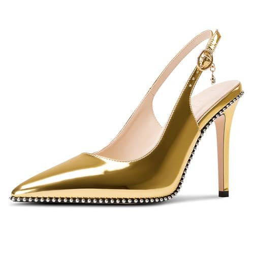NobleOnly Slingback Beaded Pumps for Women High Stiletto Heel Pointed Toe Slip-on Dress Sandals Adjustable Buckle Rhinestone Patent Leather 3.9 Inches Heels Gold 9.5 M US | Amazon (US)