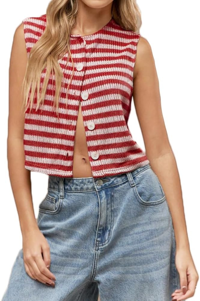 Women Y2k Crew Neck Button Down Striped Tank Top Casual Sleeveless Open Front Crochet Knit Vest T... | Amazon (US)