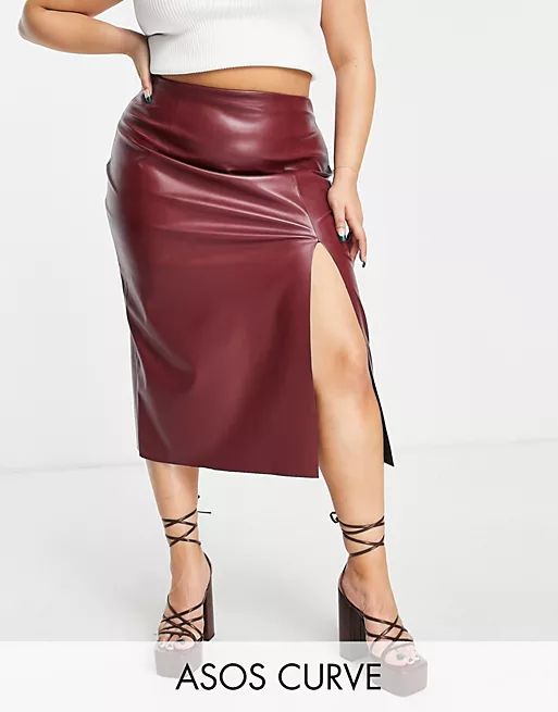 ASOS DESIGN Curve leather look midi skirt with thigh split in chocolate | ASOS (Global)