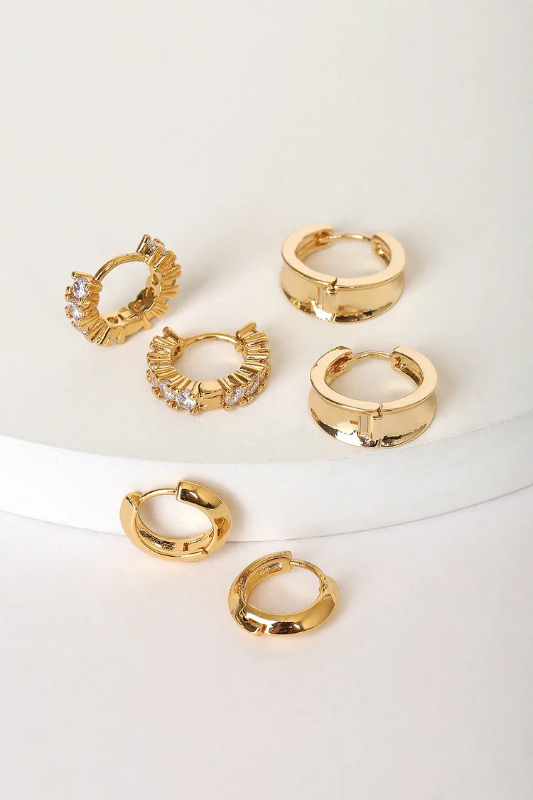 Staying Chic 14KT Gold Rhinestone Mini Hoop Earring Set | Lulus