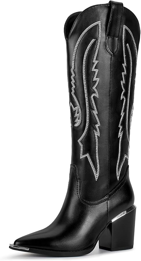 ISNOM Cowboy Boots for Women with Pointed Metal Toe, Cowgirl Boots Women Knee High with Block Chu... | Amazon (US)