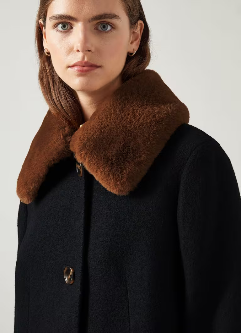 Aster Black & Cognac Boucle Coat With Faux Fur Collar | L.K. Bennett (UK)