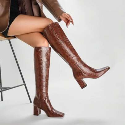Brown Chunky Heel Boots - Women's Faux Crocodile Tall Long Riding Boots, A Classic And Stylish Option. | SHEIN