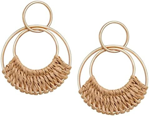 Raffia Hoop Earrings for Women Fun Boho Summer Beach Earrings Lightweight Handmade Straw Wicker R... | Amazon (US)