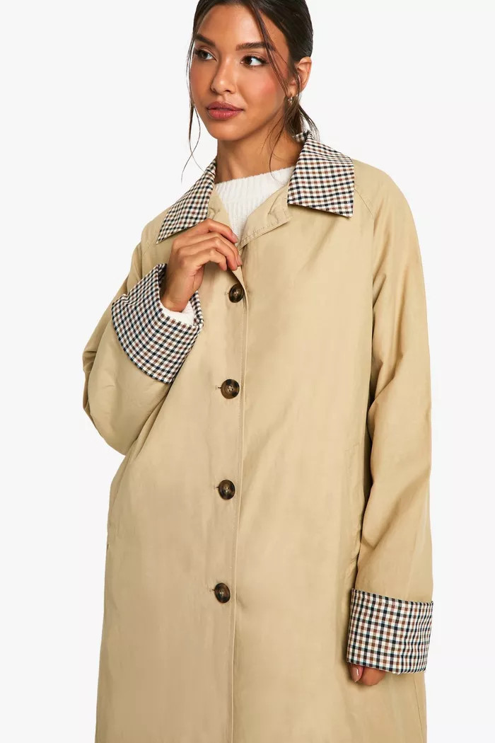 Check Collar Trench Coat | Boohoo.com (UK & IE)