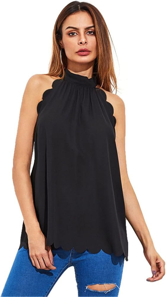 MakeMeChic Women's Sleeveless Halter Neck Tank Self Tie Scallop Blouse Top | Amazon (US)