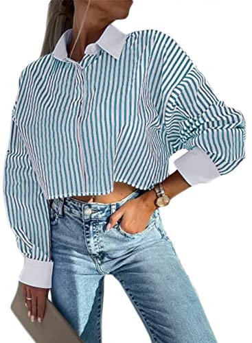 Astylish Women Fashion Striped Print Crop Top V Neck Long Sleeves Button Down Blouse Light Blue X-Large | Amazon (US)
