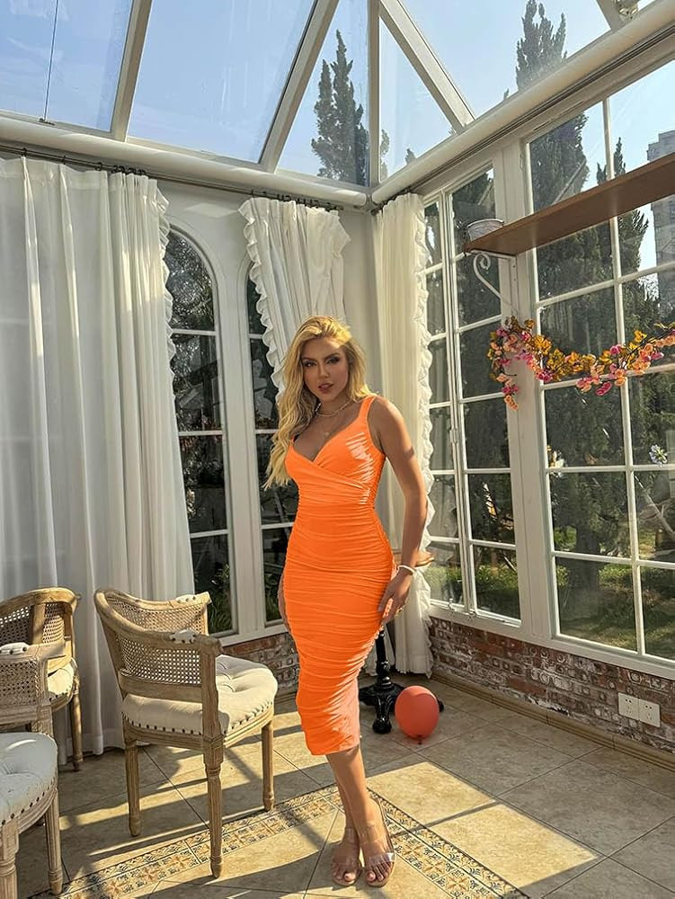 Amazon.com: BEAGIMEG Women's Sexy Bodycon Sleeveless Ruched Mesh Club Party Midi Dress Orange : C... | Amazon (US)