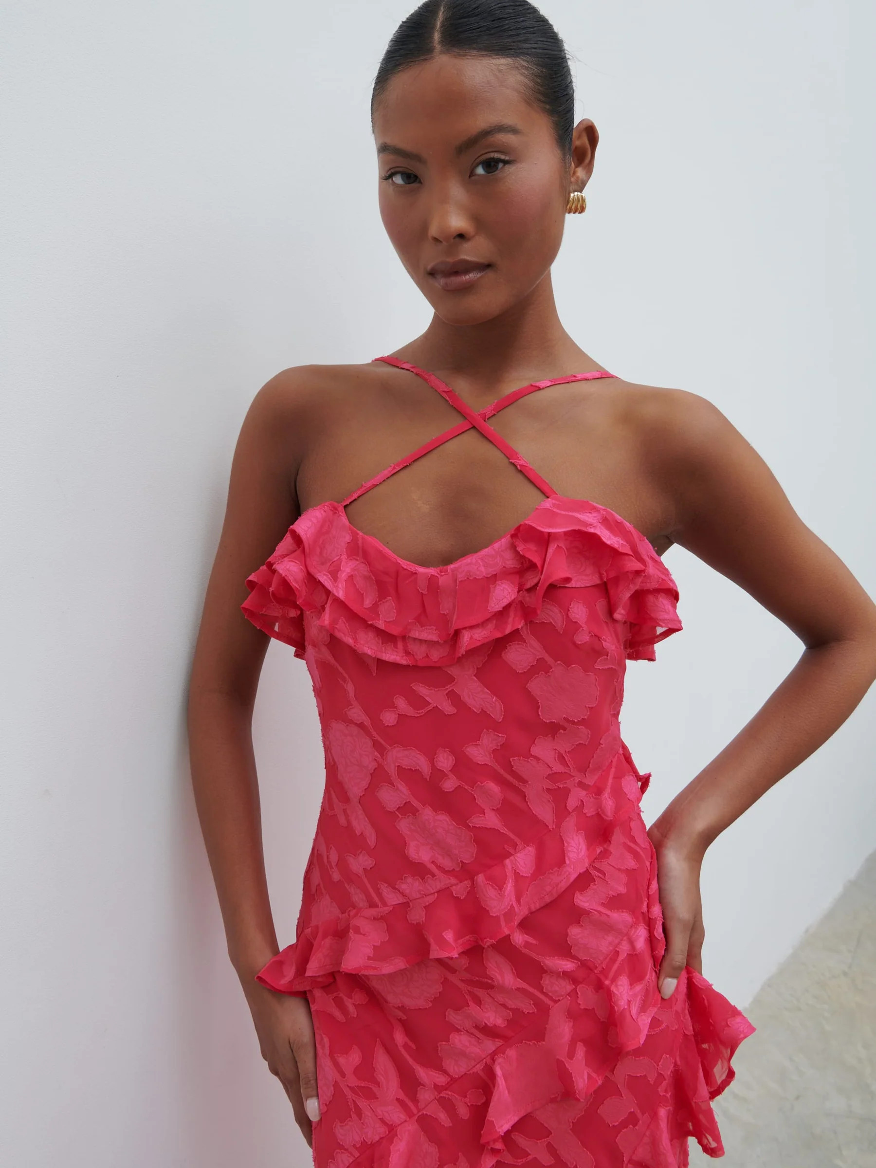 Aryana Jacquard Ruffle Midaxi Dress | Pretty Lavish (UK)