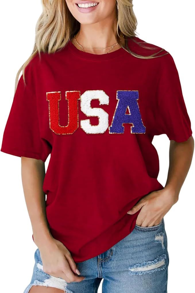 BOUTIKOME USA Shirts for Women 4th of July Sequin Glitter Patch T-Shirt Chenille Independence Day... | Amazon (US)