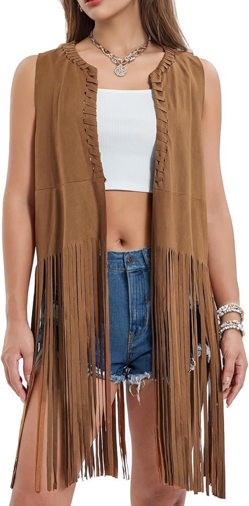BJU Women's Fringe Vest 70s Hippie Costume Faux Suede Sleeveless Tassel Long Cardigan Jacket Cowg... | Amazon (US)