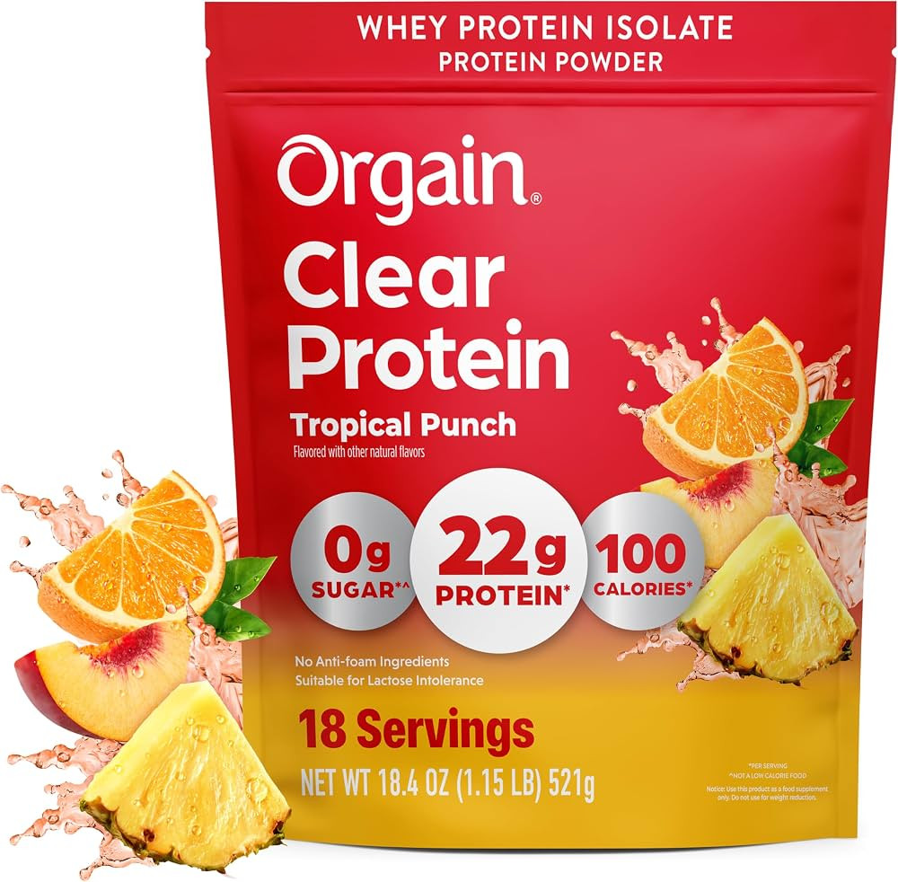 Orgain Clear Whey Isolate 22g Protein Powder, Tropical Punch, 18 Servings | Amazon (US)