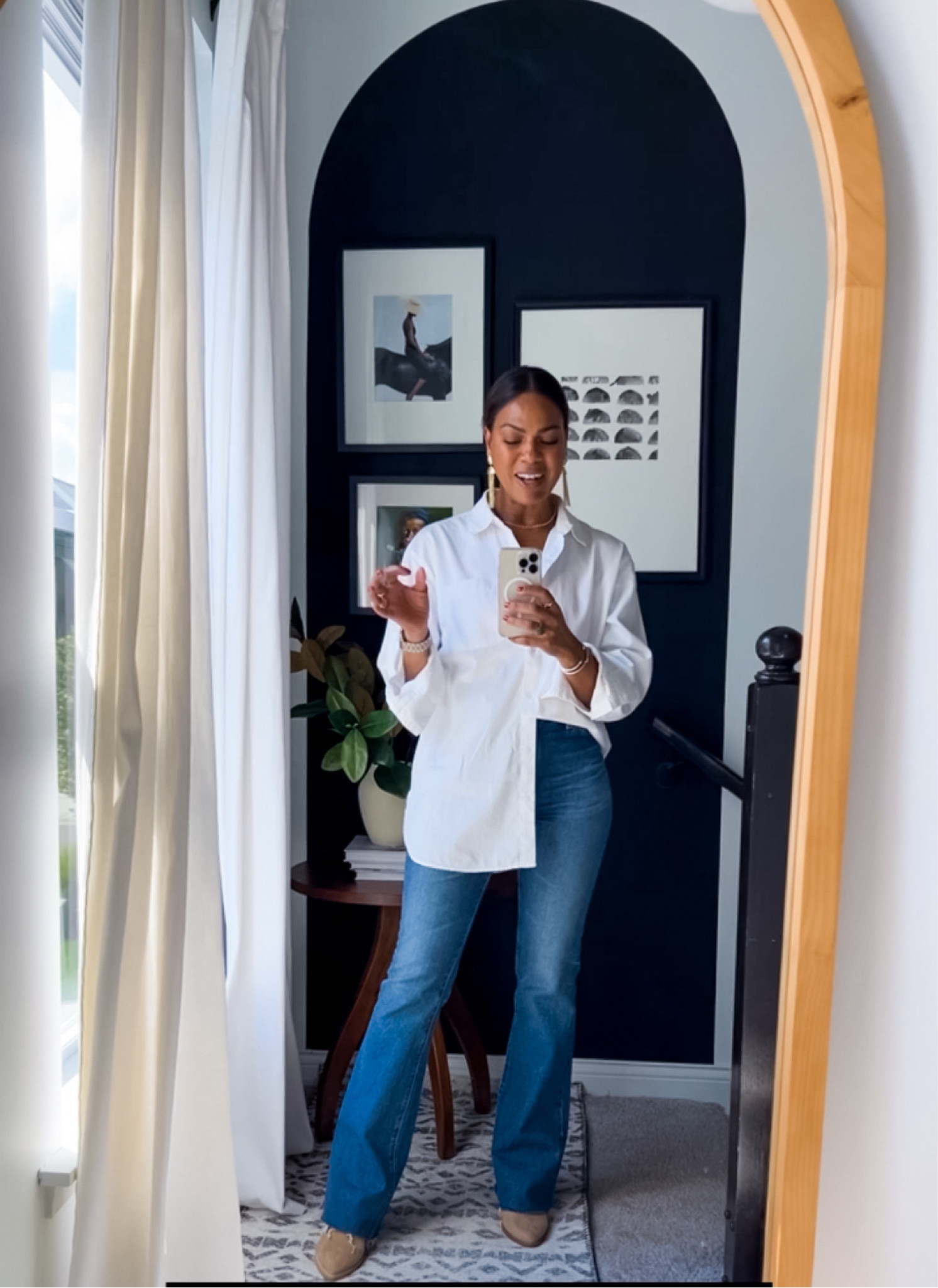 How to wear braided mules: white button up, flare boot cut denim. ABLE CODE: ANNAG15