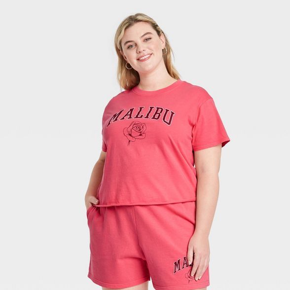 Women's Malibu Rose Short Sleeve Boxy Cropped Graphic T-Shirt - Red | Target