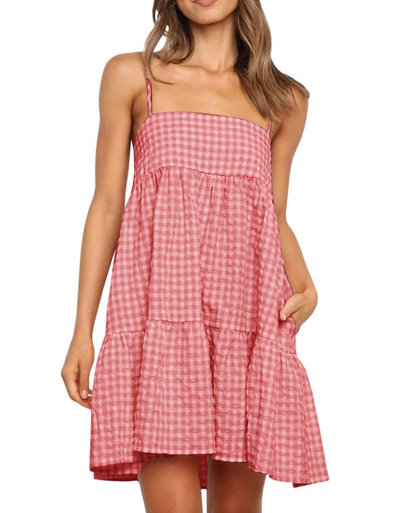 Womens Plaid A-line Dresses Shoulder Straps Ruffle Hem Casual Mini Dress with Side Pocket | Amazon (US)