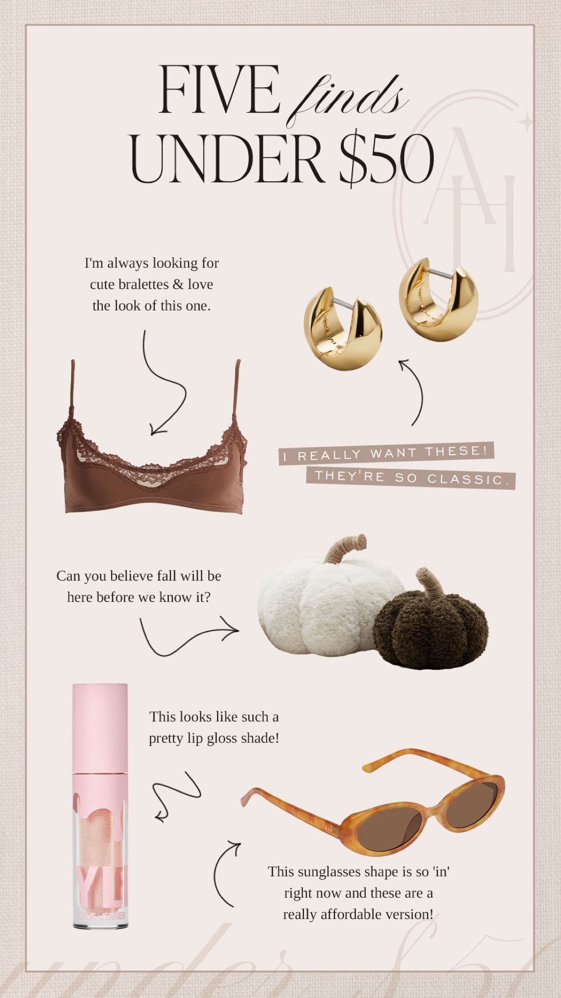 five things I’m loving under $50:
• bralette
• gold hoop earrings
• boucle stuffed pumpkin
• light pink lip gloss
• oval sunglasses

#LTKSeasonal #LTKunder50