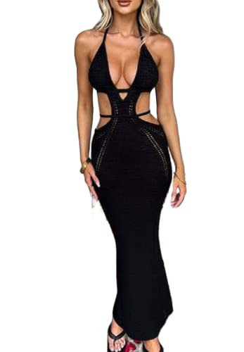 Spaghetti Strap Halter Maxi Dress Women Sexy Backless Crisscross Long Dress Open Back Hollow Cami Dresses Elegant(Hollow Black,M) | Amazon (US)