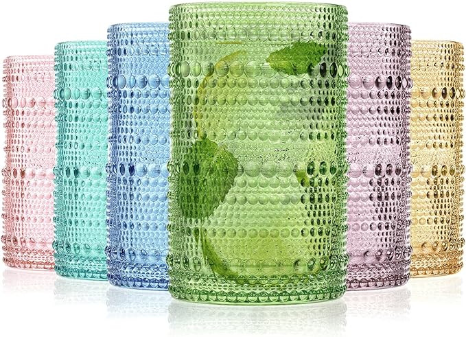 ZOOFOX Set of 6 Vintage Drinking Glasses, 12 Oz Colored Hobnail Glasses Tumbler, Embossed Design ... | Amazon (US)