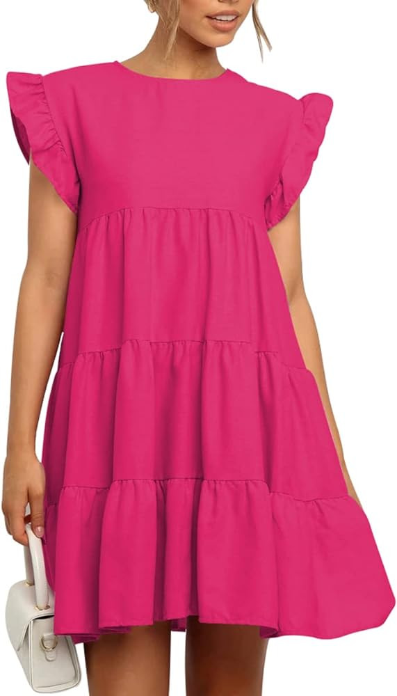 IHOT Women Babydoll Summer Casual Crew Neck Ruffle Sleeve Sleeveless Flowy Mini Short Tunic Dress | Amazon (US)