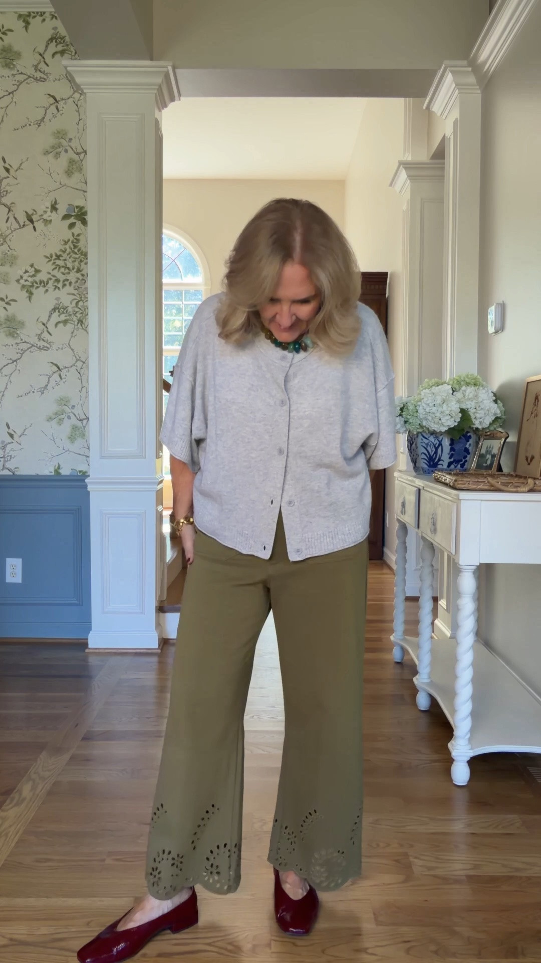 Sweater medium I love the relaxed lightweight cashmere 
Pants I sized up to a 30 reg this fabric Just runs small
