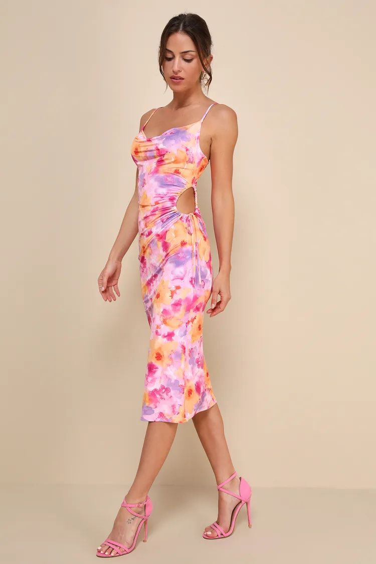 Vibrant Babe Pink Multi Floral Cutout Drawstring Midi Dress | Lulus